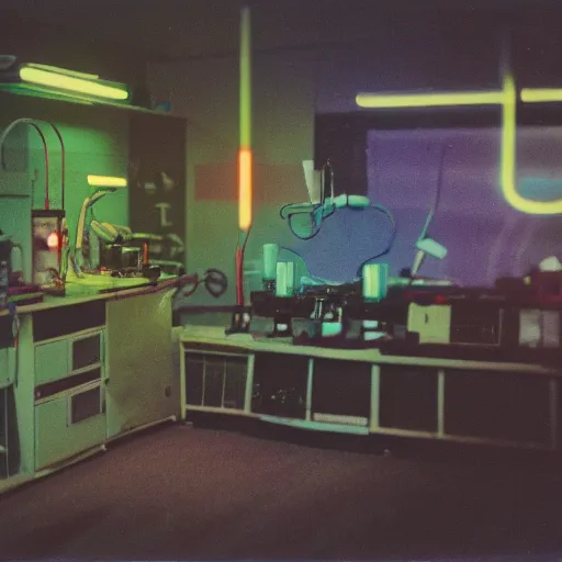 Prompt: a cup of tea, inside of a 1970s science lab, neon lights, dirty, ektachrome photograph, volumetric lighting, f8 aperture, cinematic Eastman 5384 film