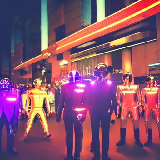 Image similar to a photo of a parade of people dressed in Daft Punk Helmets and Daft Punk Suits, 8k, dramatic lighting