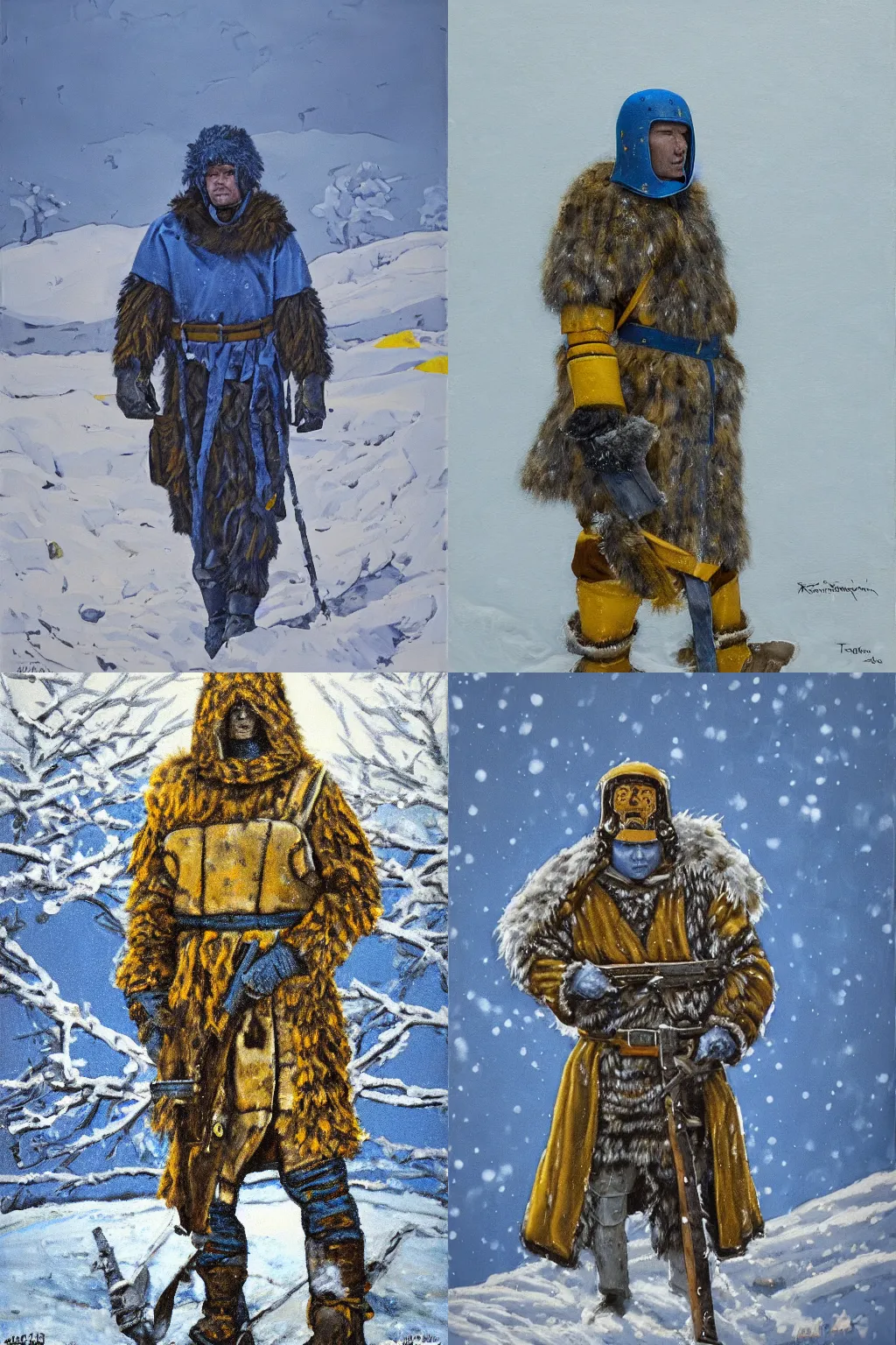 Prompt: painting of 2 0 1 9 inuk legionary, snow camouflage, furs, technical, scuta, american realist style, tonalist, figurative art, versimlitude, dramatic lighting, cerulean blue, prussian blue, titanium white, payne's grey, yellow ochre, winter