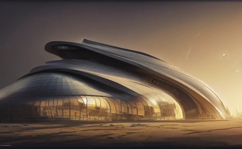 Image similar to exterior photo shot of utopian architecture laboratory with cinematic lighting by moebius and zaha hadid and renzo piano, darek zabrocki and greg ruthkowski, alphonse mucha, simon stalenhag, cinematic, shot on canon 5 d width angle lens, lambda shape, scifi, futurism, atmospheric, sunset, concept art, artstation, trending on artstation