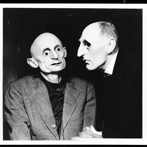 Prompt: count orlok and mark e smith gazing at eachother lovingly, vintage photograph, 4 k