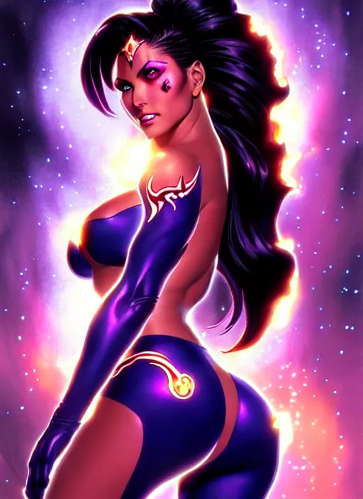 Prompt: front portrait hands behinds pose of attractive Starfire with wavy hair using white gloves, hands behind her pose!, Intricate overlay flames imagery , D&D!, fantasy style, sharp focus!, ultra detailed, art by Artgerm and Peter Andrew Jones, WLUP