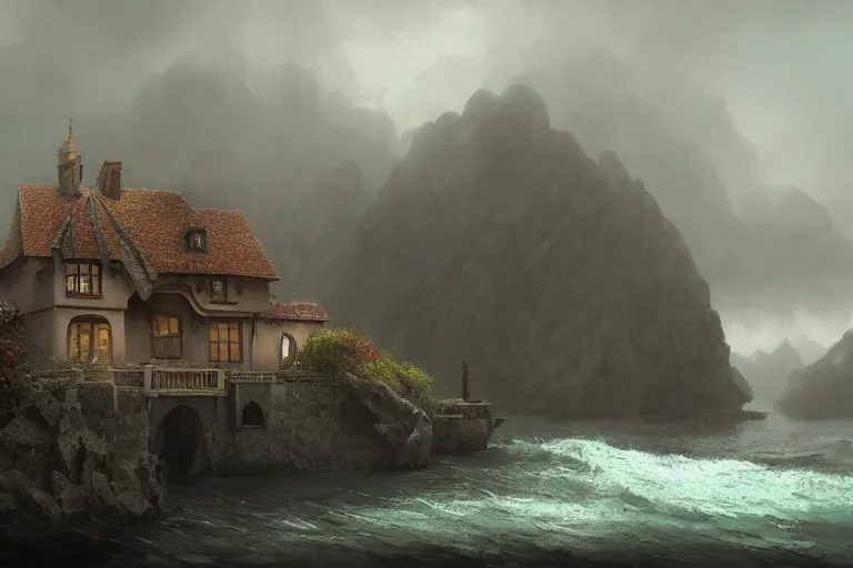 Image similar to a typical european house with a slate roof, under the sea, scenic view, matte painting by christophe vacher and hubert robert, trending on artstation