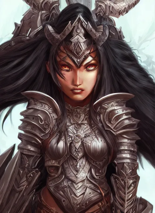 Image similar to beautiful warrior lady, black long hair, practical armor, brown skin, demonic eyes, low fantasy, extremely detailed, sharp focus, smooth, digital illustration, by rossdraws, frank franzzeta, sakimichan