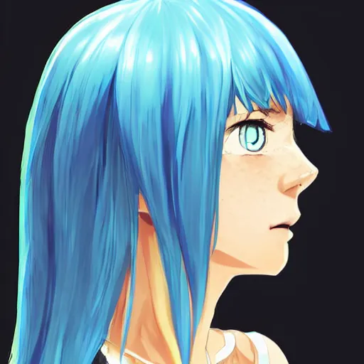 Image similar to side profile of rimuru tempest with sky blue hair, long hair, gold eyes, black jacket with white stripes and a high collar | highly detailed, matte, greek city, professional digital art, concept art, award - winning photography, cinematic, wlop | art by pixiv art, ilya kuvshinov, greg rutkowski, yoshitaka amano