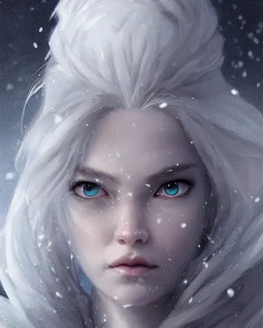 Image similar to portrait of a beautiful fierce snow goddess, flowy white grey hair, grey eyes, winter, frozen, snow, cinematic lighting, highly detailed, digital painting, trending on artstation, pixiv, concept art, sharp focus, illustration, art by ross tran and wlop