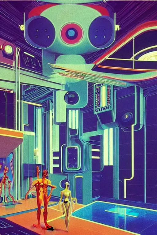 Image similar to 8 0 s art deco indoor spacestation with swimmingpool, robots, led screens, droids, neon sign, cinematic dramatic cyberpunk textural fluid lines otherworldly vaporwave interesting details fantasy lut epic composition by basquiat zdzisław beksinski james jean artgerm rutkowski moebius francis bacon gustav klimt