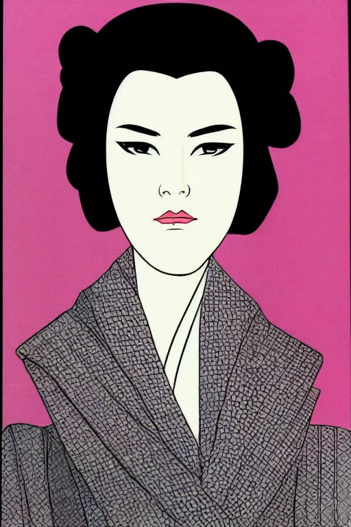 Image similar to 1 9 8 0 s glamour fashion portrait of neo - samurai woman, highly detailed, symmetrical details, flat shading, outlines, by patrick nagel