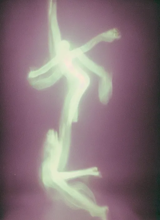 Image similar to symmetrical females ascending astral projection, strong glowing aura, motion blur, long exposure, film grain, cinematic lighting, experimental film, shot on 1 6 mm