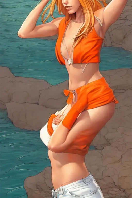 Image similar to a gorgeous woman with very long hip-length blonde hair, wearing a cut-off white top and orange cut-off shorts standing by the water, in the style of artgerm and moebius and annie liebovitz, marvel comics, photorealistic, highly detailed, trending on artstation