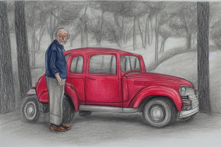 Image similar to old man standing next to a small red car parked on a forest road, detailed pencil drawing, partly colored