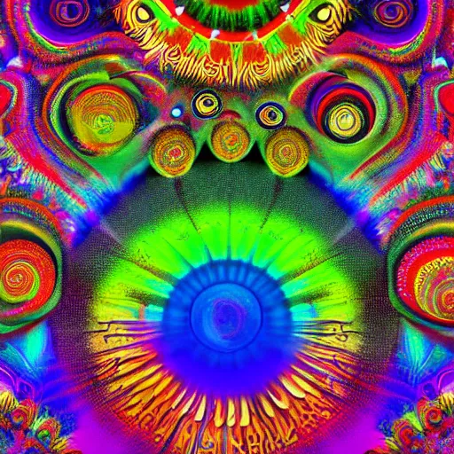 Prompt: psychedelic chtulu in wonderfull coloured world