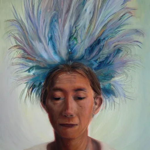 Prompt: a head covered in feathers, oil on canvas