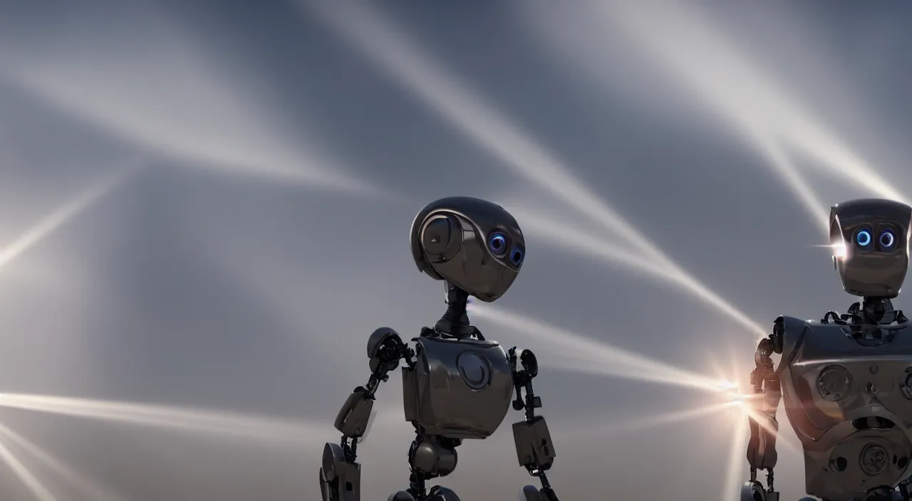 Image similar to a robot in a movie, cinematic shot, sun beams