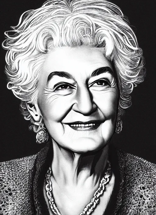 Prompt: highly detailed portrait of bea arthur, pen and ink illustration by simon bisley, global illumination, radiant light, detailed and intricate environment