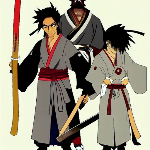 Prompt: samurai Champloo Samuel Jackson samurai walking with shiefed katana, in style of samurai Champloo anime