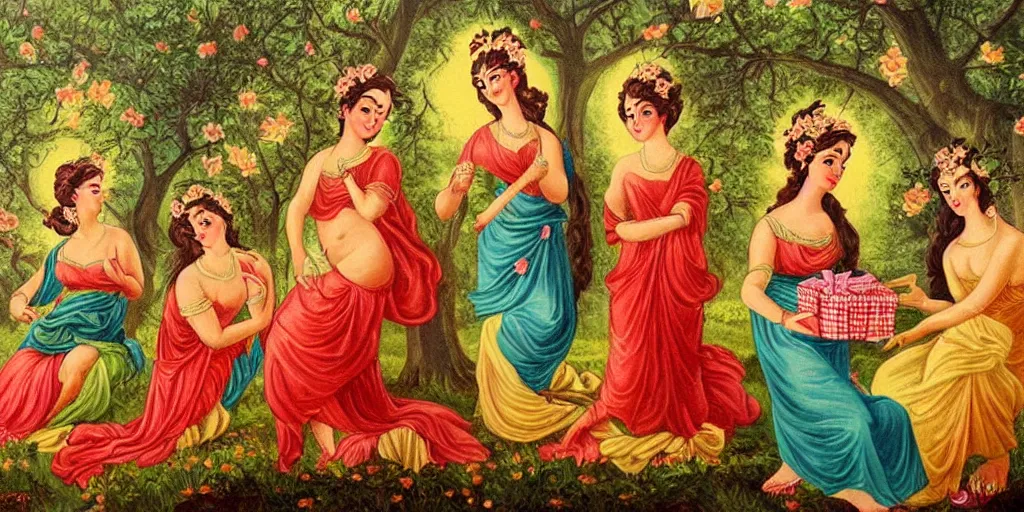 Image similar to vintage beautiful painting of goddess' gifts