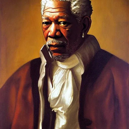 Prompt: baroque period portrait painting of morgan freeman, strong composition, dynamic lighting, by diego velazquez