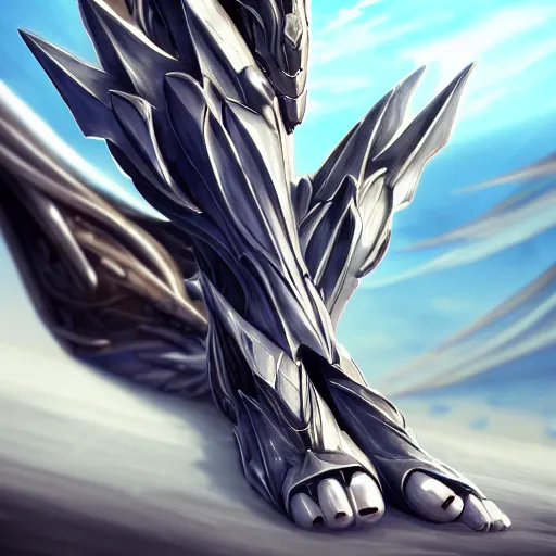 Image similar to very close up foot shot, detailed foot shot, hyperdetailed elegant beautiful stunning hot anthropomorphic mecha female dragon showing detailed sharp dragon claws close to camera, laying on beach, soft pads, sharp silver armor, elegant legs, feet art, warframe destiny fanart, giantess art, dragon paws, furaffinity, deviantart, octane, ekasportal