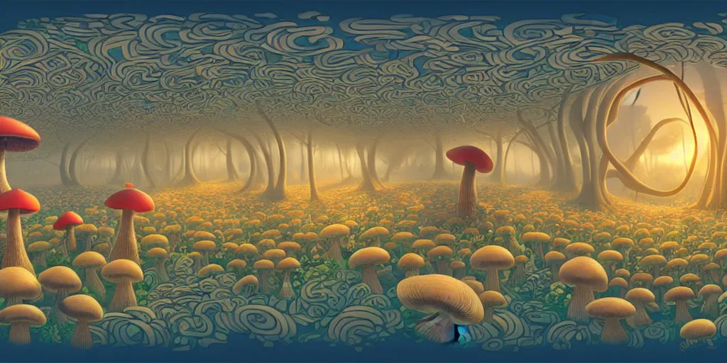 Image similar to depth matte, 360 degree equirectangular, anthropomorphic family of mushrooms, family portrait, Art Deco nature, mystical fantasy, Pixar cute character design, intricate art deco mushroom patterns, elegant, sharp focus, 360 degree equirectangular panorama, art by Artgerm and beeple and Greg Rutkowski and WLOP, 360 monoscopic equirectangular