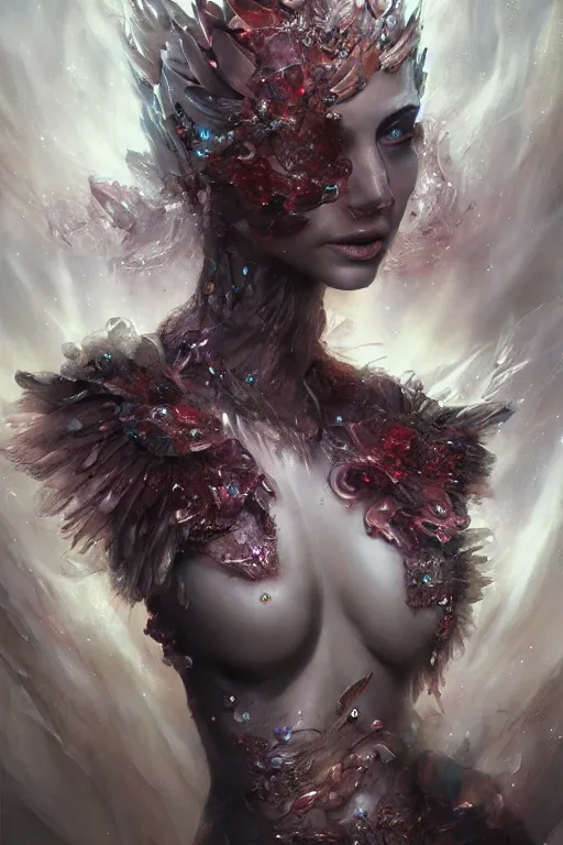 Image similar to torso closeup model wearing exploding flesh and blood crystal dress, sorcerer, diamonds, angel, fantasy, dramatic lighting, highly detailed, digital painting, holding electricity, magic the gathering, hyper detailed, 3 d render, hyper realistic detailed portrait, peter mohrbacher, wlop, ruan jia