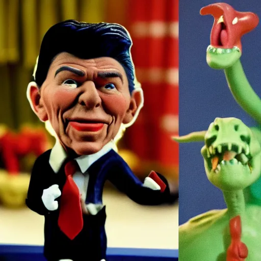 Image similar to claymation ronald reagan vs dinosaur