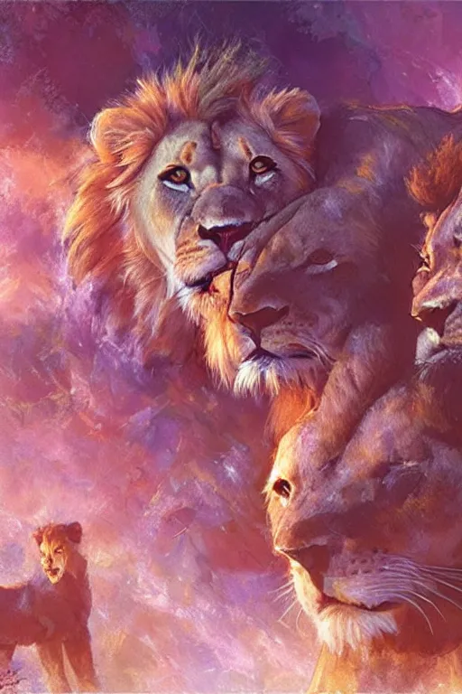 Prompt: spiritual twin flame lion and lioness art, pink sunset hue, highly detailed, oil painting hue, by craig mullins