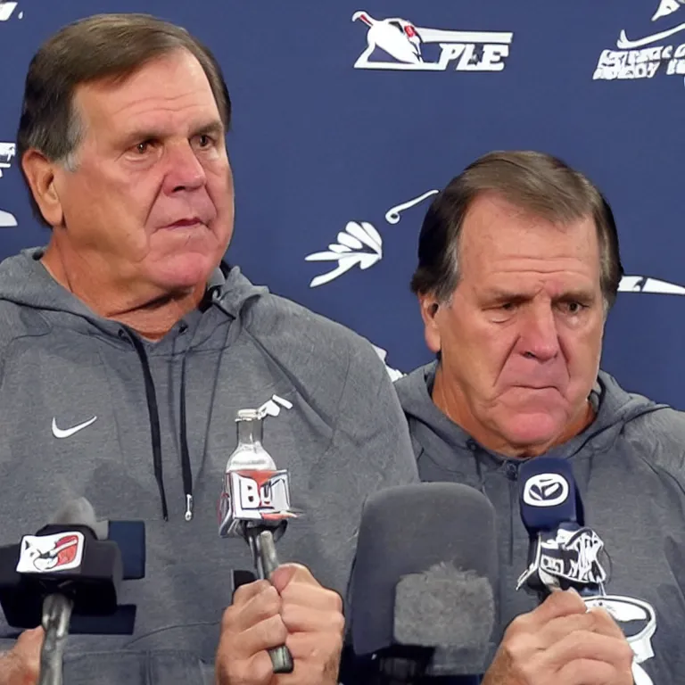 Prompt: Coach Belichick with a ripped physique answering questions from the media about steroid use