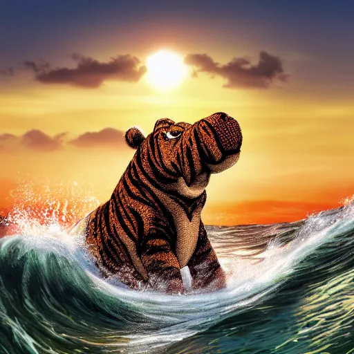 Image similar to a closeup photorealistic photograph of a cute smiling knitted tiger hippopotamus riding a large wave at sunset. surf in the background. professional capture. brightly lit scene. this 4 k hd image is trending on artstation, featured on behance, well - rendered, extra crisp, features intricate detail, epic composition and the style of unreal engine.