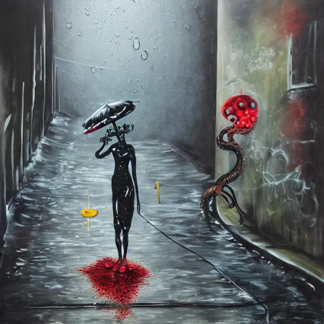 Image similar to a portrait in a dark laneway, a woman holding pancakes, streetlamps, wet, puddles, berries dripping, scientific instruments, ikebana, octopus, neo - expressionism, surrealism, acrylic and spray paint and oilstick on canvas