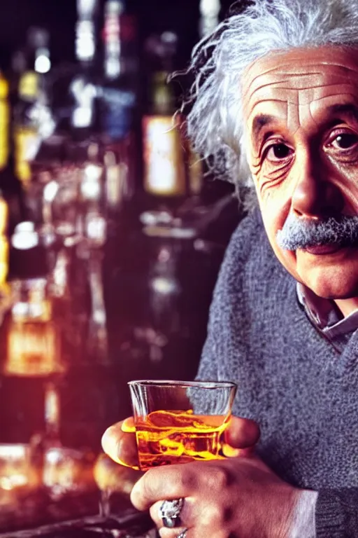 Image similar to dreary albert einstein drinking whiskey in bar, neon light, portrait, realistic, detailed