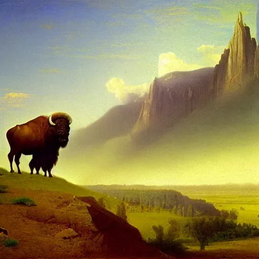 Prompt: enormous bison in a valley, painting by albert bierstadt, highly detailed