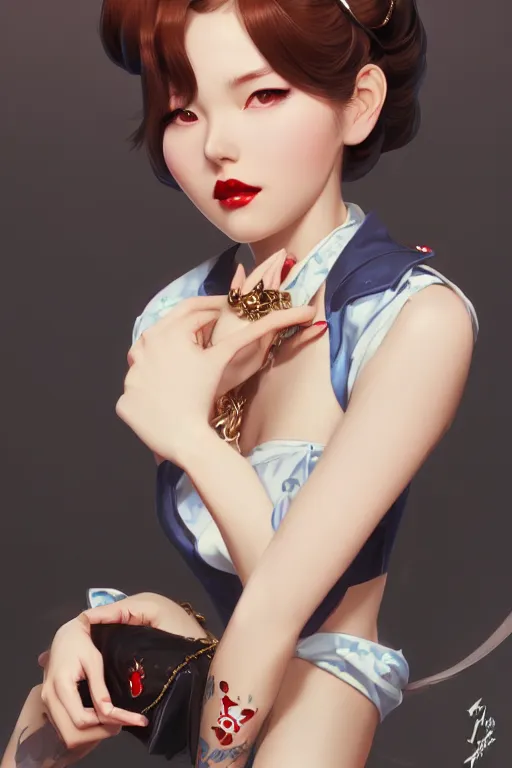 Image similar to a pin up and beautiful fashion charming dreamlke japan girl with lv jewelry, character art, art by artgerm lau and wlop and and ilya kuvshinov and john singer sargent, hyperdetailed, 8 k realistic, symmetrical, frostbite 3 engine, cryengine, dof, trending on artstation, digital art