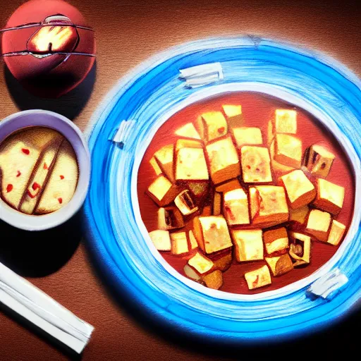 Image similar to An epic fantastic realism comic book style painting of the most beautiful mapo tofu, unreal 5, DAZ, hyperrealistic, octane render, dynamic lighting