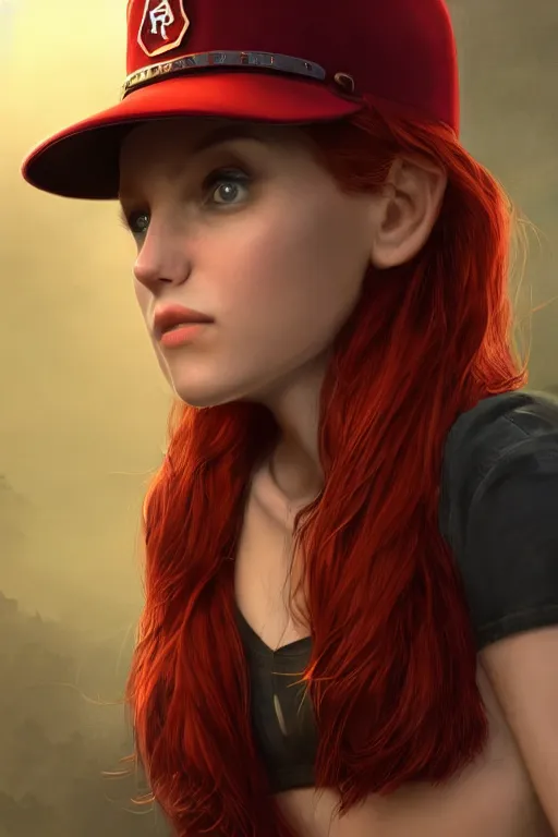 Image similar to A short girl with red hair, wearing a park ranger hat, dramatic lighting, cinematic, establishing shot, extremely high detail, foto realistic, cinematic lighting, post processed, concept art, high details, cinematic, 8k resolution, beautiful detailed, photorealistic, digital painting, artstation, concept art, smooth, sharp focus, artstation trending, octane render, unreal engine