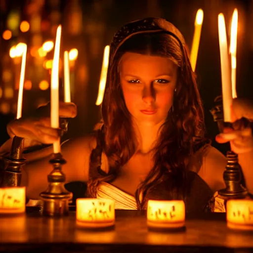 Prompt: young attractive beautiful bar maid in a medieval tavern illuminated by candles at night, wow 4 k detail fantasy, matte painting, realistic materials, photo realistic, postprocessing, cinematic, hyperrealistic, studio lighting, photography by richard jenkins