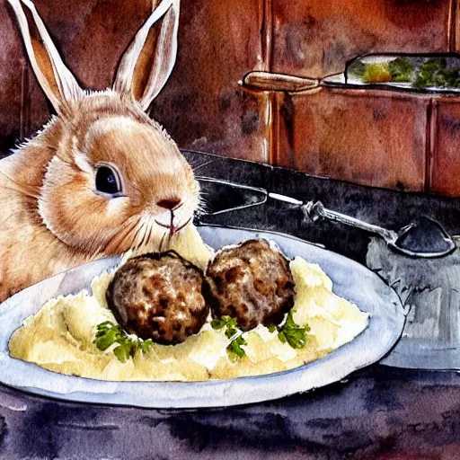 Image similar to a rabbit cooking mashed potatoes and meatballs in a cozy french kitchen, realistic watercolour