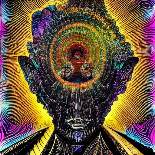 Prompt: LSD Wizard, by Frank Miller and James Gurney, Black paper with intricate and vibrant psychedelic line work, Tarot Card, Mandelbulb Fractal, Full of gold layers, Portrait, Trending on Artstation, Incredible violet and silver illustration, Exquisite detail