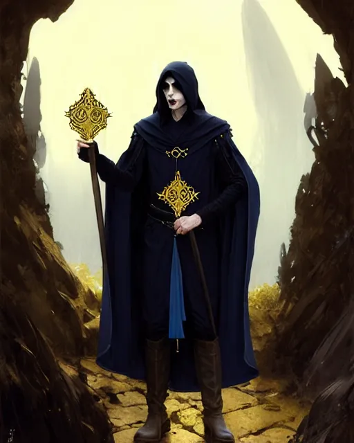 Prompt: handsome mage holding a tall stave, long black hair wearing gothic navy cloak with gold details, cave town, fantasy character portrait, ultra realistic, movie key visual, concept art, intricate details, highly detailed by greg rutkowski, ilya kuvshinov, gaston bussiere, craig mullins, simon bisley