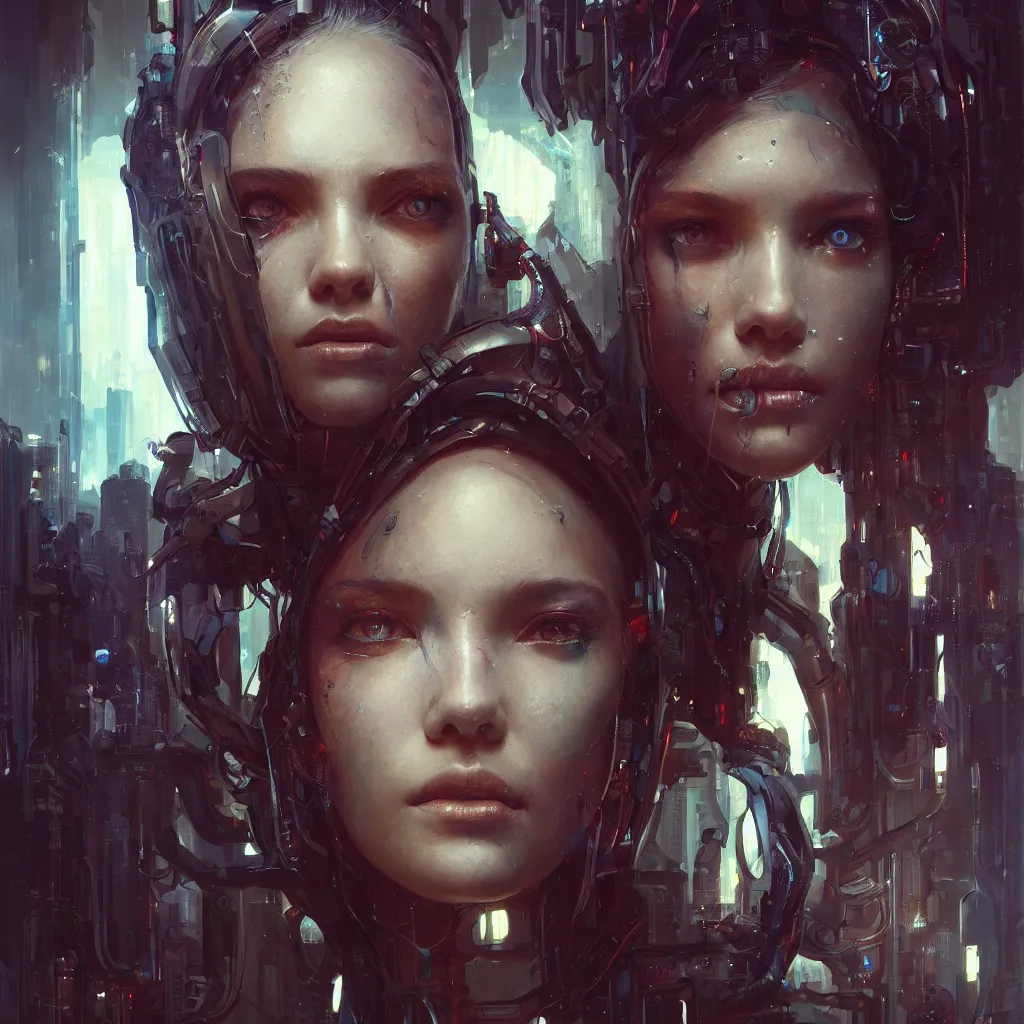 Prompt: portrait of a cyberpunk beautiful young woman by Greg Rutkowski, close-up,biomechanical, very highly detailed, futuristic, digital engine, cinematic, 8k,luminous, Blade Runner mood