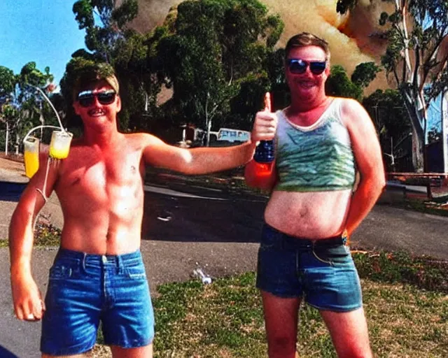 Prompt: an australian bogan wearing shorts, sunglasses, drinking beer, smirking with missing teeth, doing a thumbs up gesture, unfazed that the neighborhood is on fire, doing barbecue, high quality, detailed, a beautiful photo from the nineties, on a facebook wall