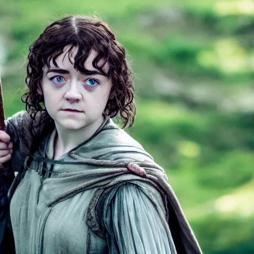 Prompt: first photos of 2 0 2 4 female lotr remake - maisie williams as frodo, ( eos 5 ds r, iso 1 0 0, f / 8, 1 / 1 2 5, 8 4 mm, postprocessed, crisp face, facial features )