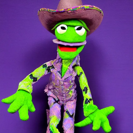 Image similar to purple green cowboy snake jim henson muppet