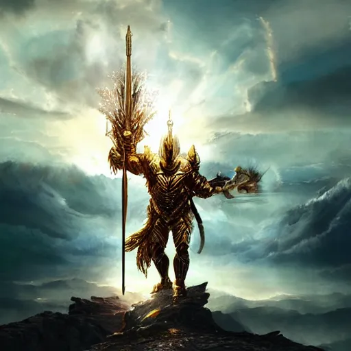 Image similar to A celestial god, wearing the armor of 100 suns standing on a mountain, cinematic, dynic lighting, photorealistic, fantasy concept art, ultra detailed, stunning visuals