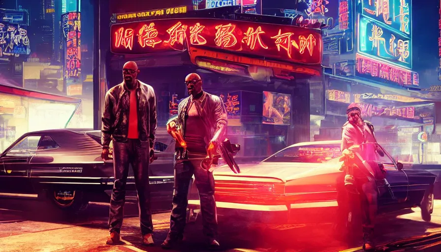 Image similar to samuel l jackson and johnny silverhand in night city eating chinese takeaway, cyberpunk 2 0 7 7, rendering, wallpaper, concept art, digital art