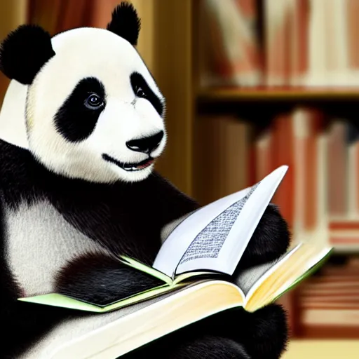 Prompt: panda studying with books