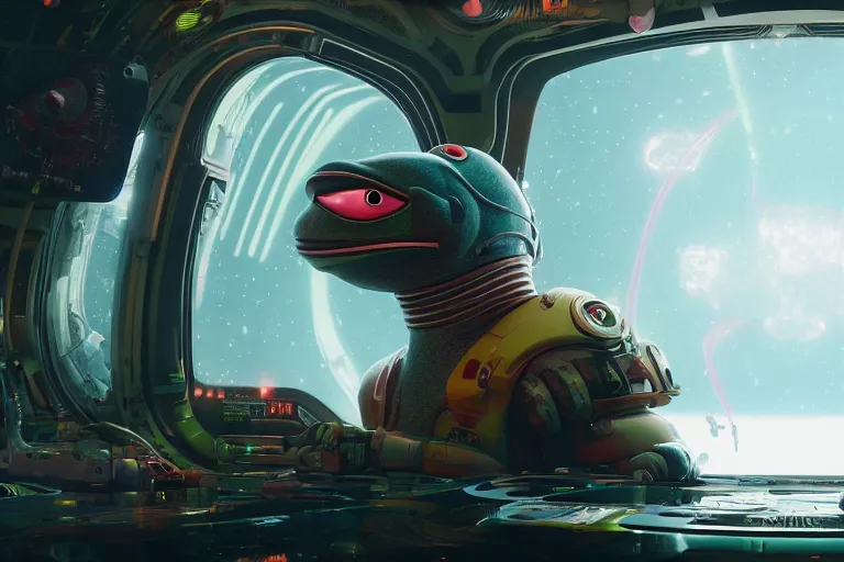 Prompt: a close up shot of pepe inside a spaceship, wadim kashin, simon stalenhag, 8 k, raw, featured in artstation, octane render, cinematic, elegant, intricate, 8 k