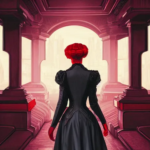 Prompt: portrait of a victorian lady in a futuristic city, from behind, streets, beautiful, red, highly detailed, digital painting