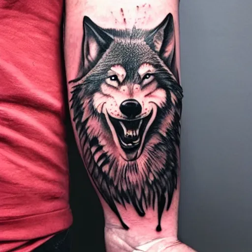 Prompt: tattoo of close up portrait photo of an angry wolf with huge teeth, 8k,