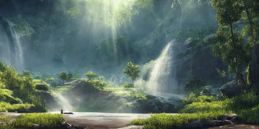 Image similar to stunning landscape, waterfall, god rays, 8 k uhd, unreal engine, octane render in the artstyle of kuindzhi